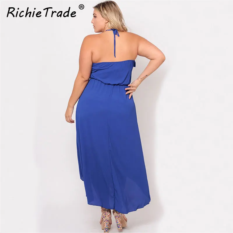 Женское платье на бретельках RICHIETRADE синее с оборками без рукавов круглым вырезом