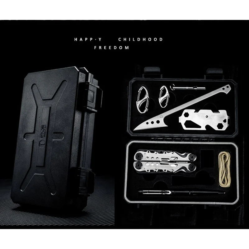 10PCS Outdoor Hiking Camping Multi-purpose Combination Kit EDC Toolbox Set Pliers Carabiner Whistle Tactical Pen Knife First-aid