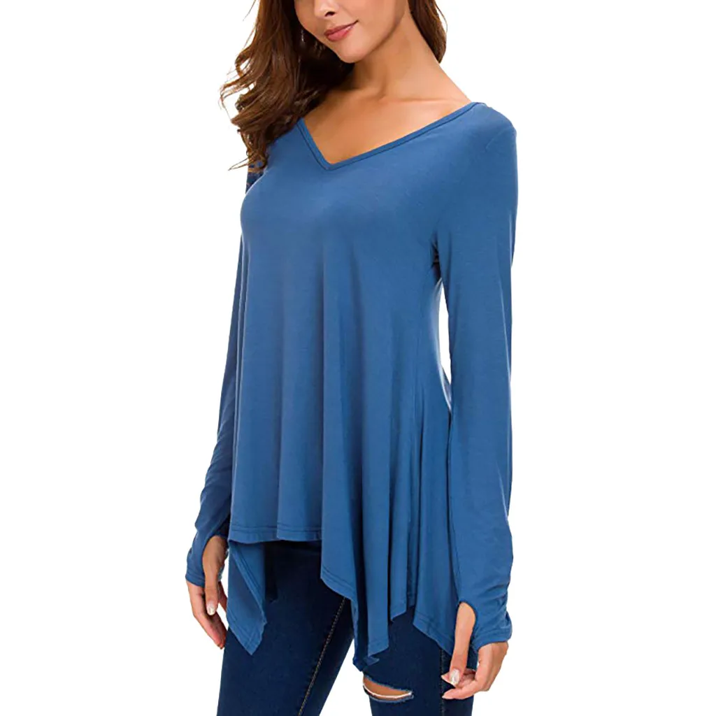 Women Casual Solid Long Sleeve Handkerchief Tunic V-neck Top Shirt long sleeve shirt women |