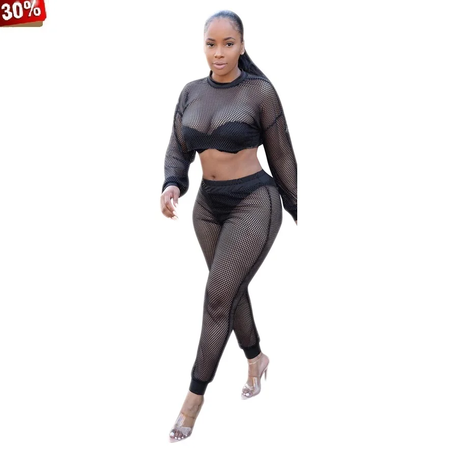 Пляжный Женский комплект 2 шт. кроше сетчатый кроп костюм с длинными рукавами