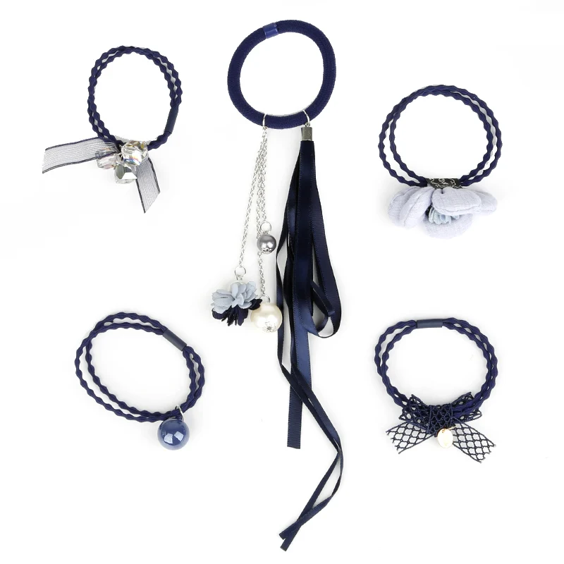 navy 02 style Набор из 5 предметов, Сказочная лента с бантом, веревки для волос, резинка с милым бантом, эластичная лента для волос для женщин, аксессуары для волос для девочек - Цвет: navy 02 style