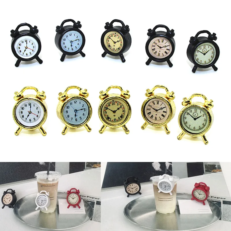 

New 1:12 Miniature Alarm Clock Model Alloy Vintage Clocks Dollhouse Decoration Accessories