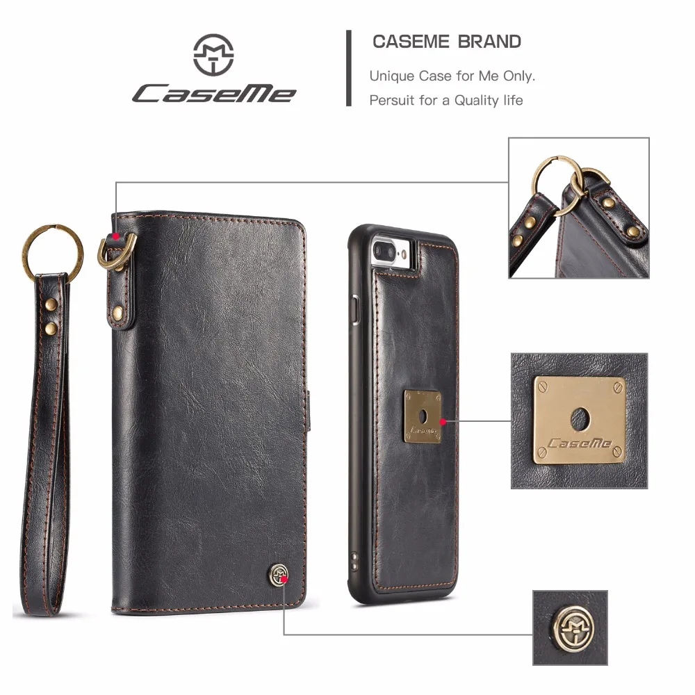 

CaseMe Phone Cases For iPhone 7 7 Plus Luxury Retro Multifunction Leather Wallet Card Pocket 2 In 1 Cover Back Case For iPhone7