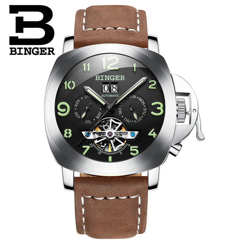 Швейцарские BINGER Мужские автоматические механические часы Tourbillon Роскошные модные брендовые мужские многофункциональные часы из натуральной кожи