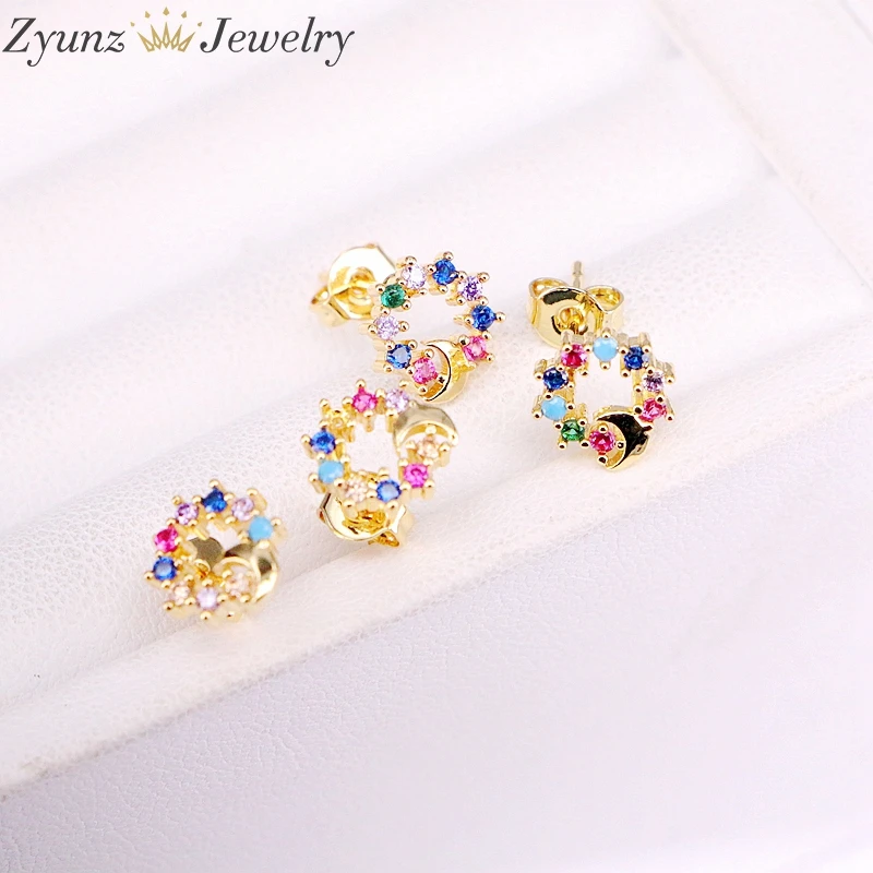 Женские серьги-пусеты круглой формы с радужным кристаллом 6 пар | Украшения и