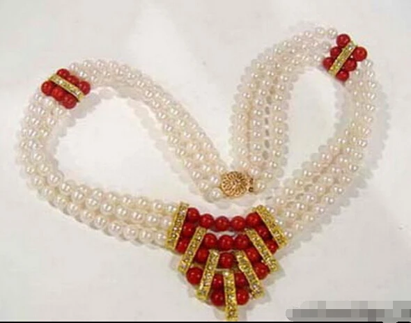 

FREE SHIPPING>>>@@ > Hot sale &>>3 Rows Real White Pearl Red Coral 18KGP Crystal Clasp Necklace