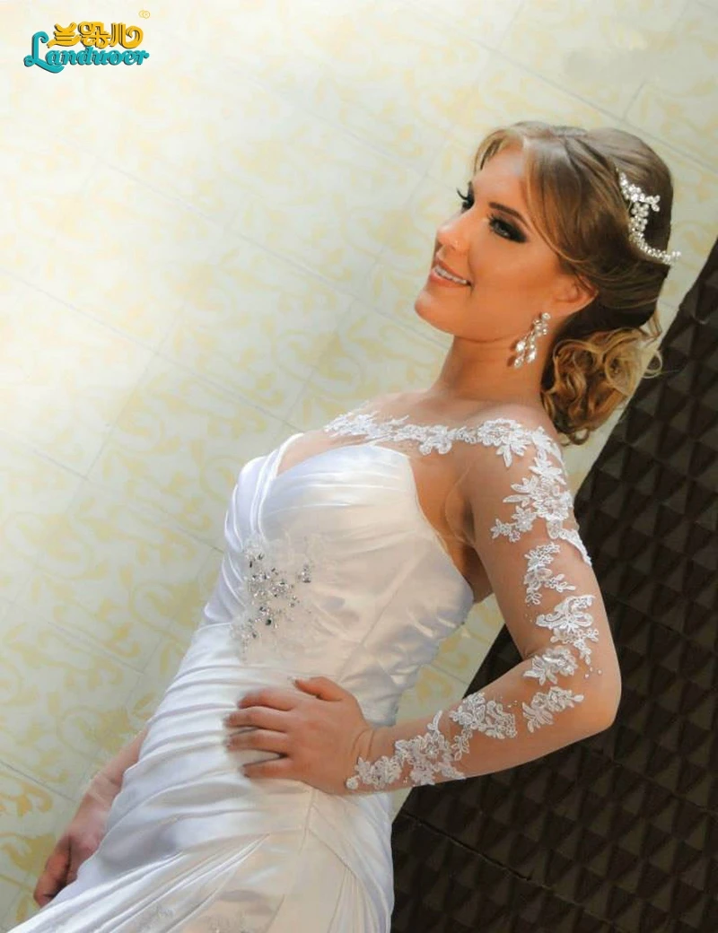 Сексуальные длинные рукава Свадебные Платья 2017 русалка Аппликация Кружева Из