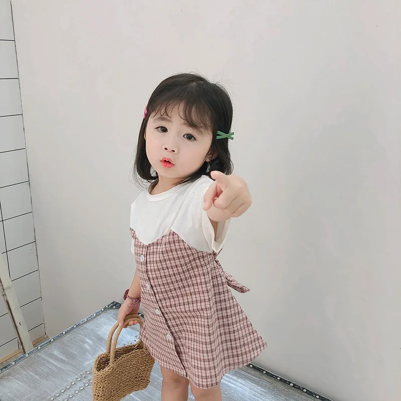 Летнее Хлопковое платье-мини в клетку с коротким рукавом Корейском стиле