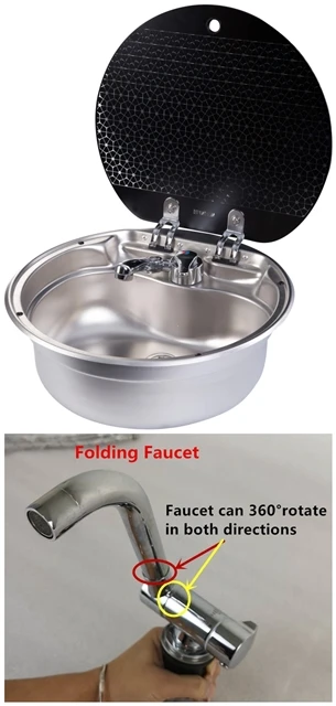 sink and faucet Лодка RV Караван Кемпер круглый нержавеющая сталь ручная умывальник кухонная раковина с крышкой из закаленного стекла GR-570 - Цвет: sink and faucet