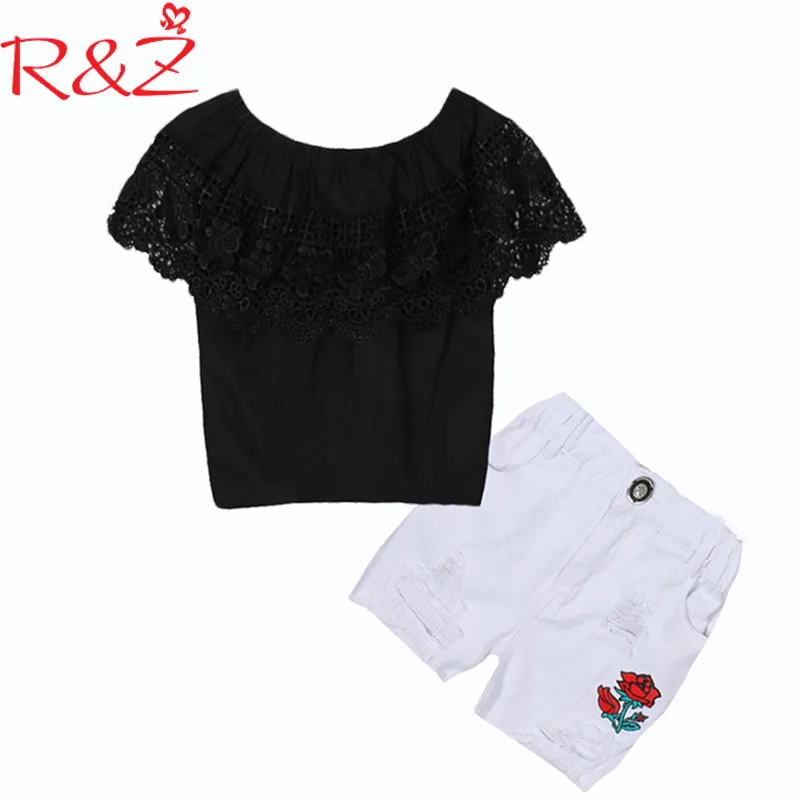 Комплект одежды для девочек R & Z 2019 INS популярный черный кружевной топ на плечо с