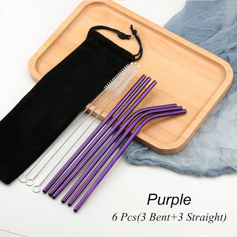 02 Purple 6 шт. многоразовые соломинки из нержавеющей стали для питья, прямые изогнутые металлические соломинки из нержавеющей стали, набор для кружек, вечерние аксессуары для бара - Цвет: 02 Purple