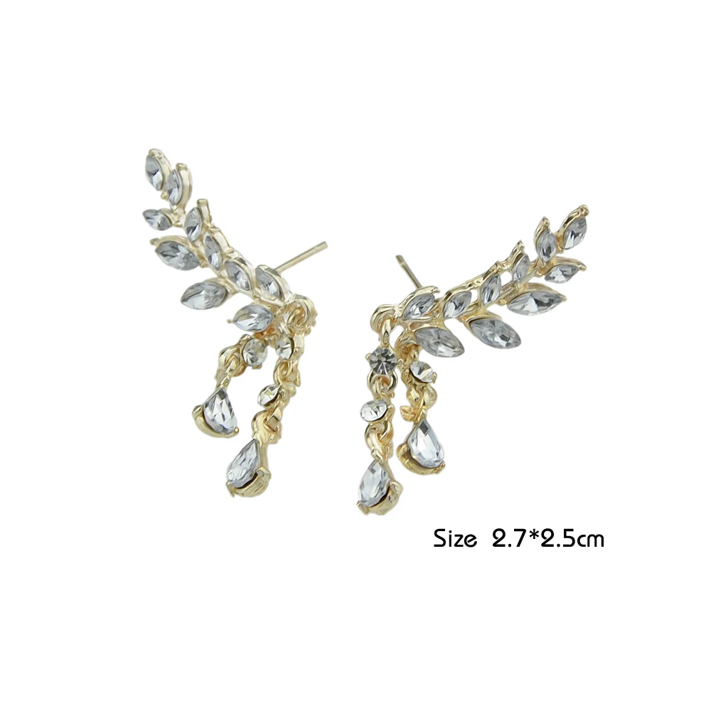 Kayshine Gold-Color Silver Color Rhinestone Leaf Branches With Double Water Drop Chain Earrings For Women Accessories | Украшения и