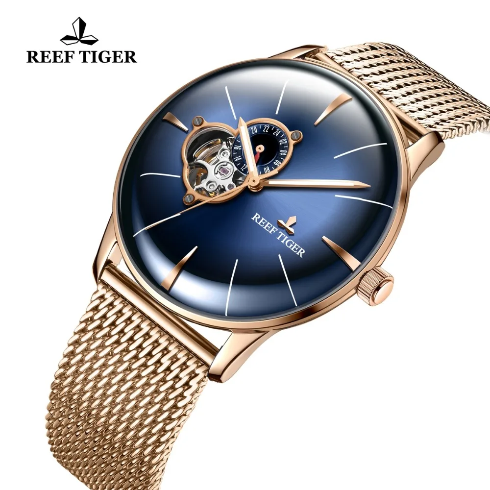 Reef Tiger/RT Топ бренд Luxruy часы для мужчин розовое золото синий автоматические