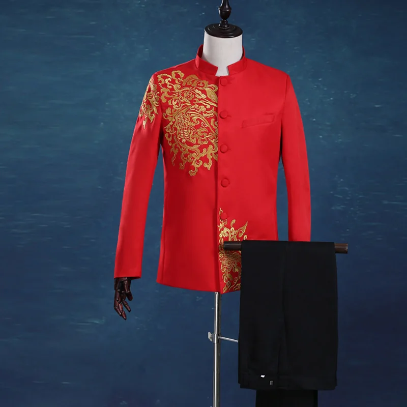 Роскошные мужские костюмы для жениха с золотой вышивкой винтажные красные
