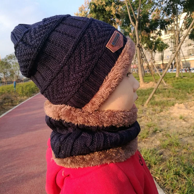 

1pc Boys Winter Hats Scarf Set Knitted Hat Fleece Kids Thicked Warmer Set Girl Outdoor Windproof Beanie Hat Collar Set KYY8628