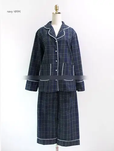 Blue plaid Весенне-осенняя клетчатая Пижама, женский топ с отложным воротником и длинными рукавами+ штаны с эластичной резинкой на талии, комплект из 2 предметов, хлопковая Домашняя одежда S70001 - Цвет: Blue plaid