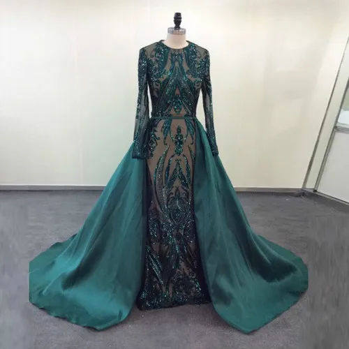 Зеленый Long Sleeves Real Photo Muslim Mermaid Lace Evening Dresses with Detachable Skirt Elegant Abendkleider robe de soiree - Цвет: Зеленый