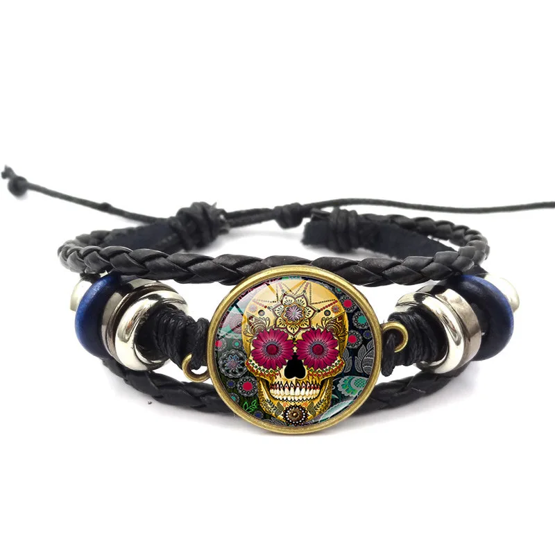 Punk Style Jewelry with Skull Pattern Glass Cabochon Multilayer Charm Leather Bracelet Bangle for Women Men Party Gift | Украшения и