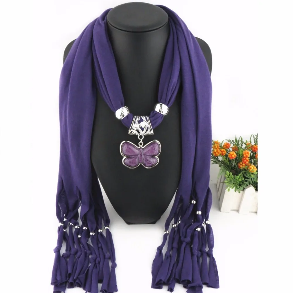 Fashion Polyester Tassel Solid Resin Pendant Scarf Jewelry Necklace Women Butterfly pendant Lady shawl Alloy fittings Scarves |