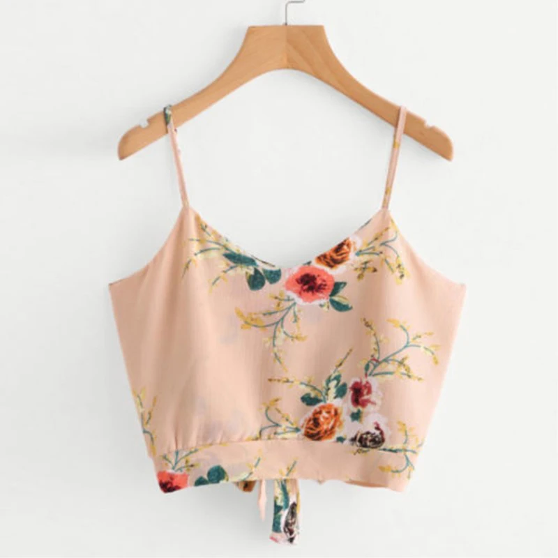 beige flower Полосатый сплит-галстук сзади короткий топик на бретельках Топ Женский Повседневный Спагетти ремень бант Топ жилет Лето узел пляж обрезанный жилет - Цвет: beige flower