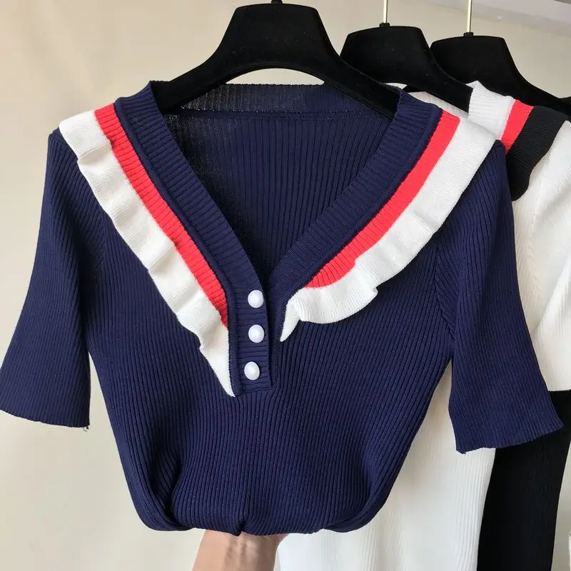 Amolapha Women V neck Button Knitted Short Sleeve Sweater Pullovers Ruffles Knit Jumper Tops Tees | Женская одежда