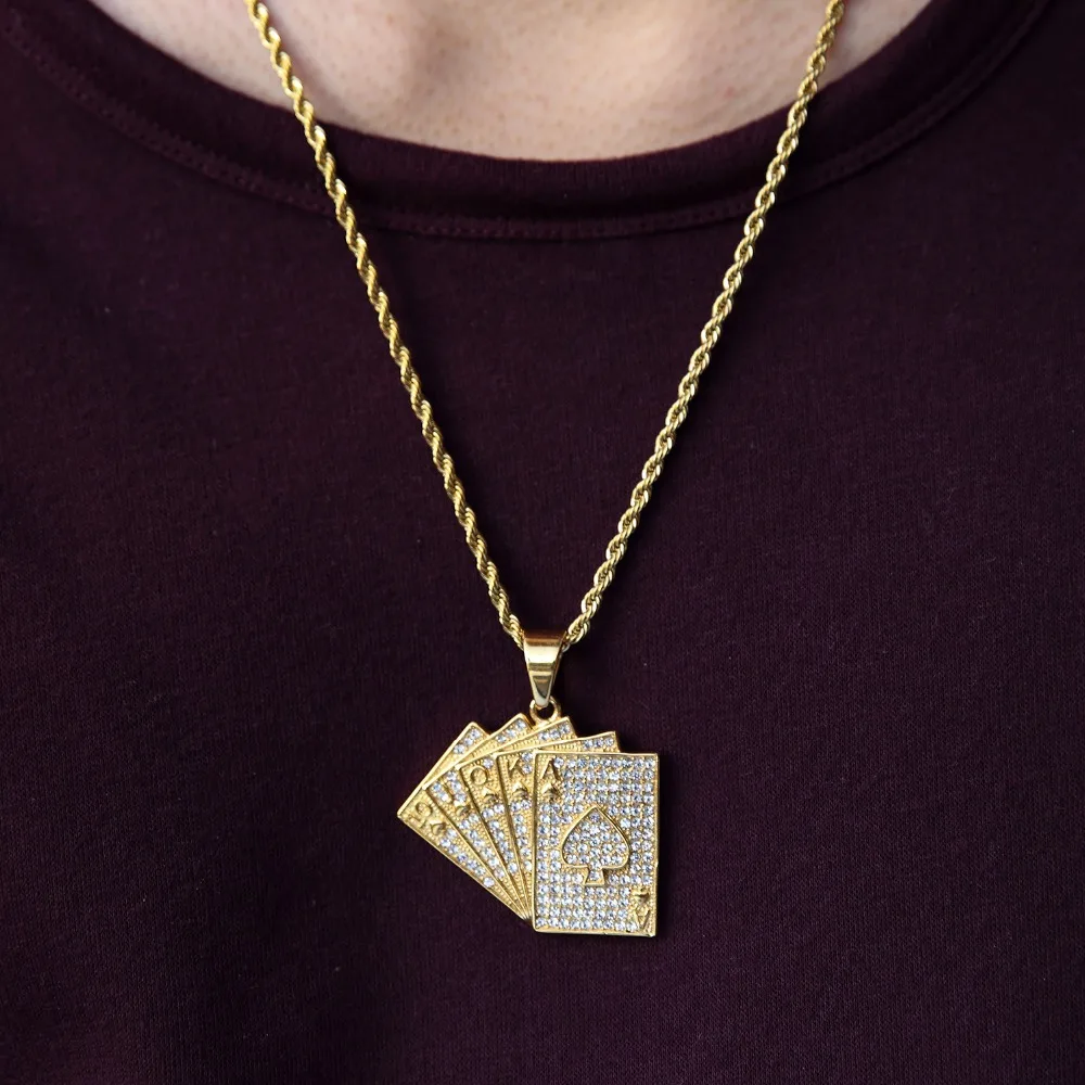 Stainless Steel Personalized Playing Cards Pendant Hearts Poker Necklace for Men Gift Club Jewelry Golden Fashion Chain | Украшения и
