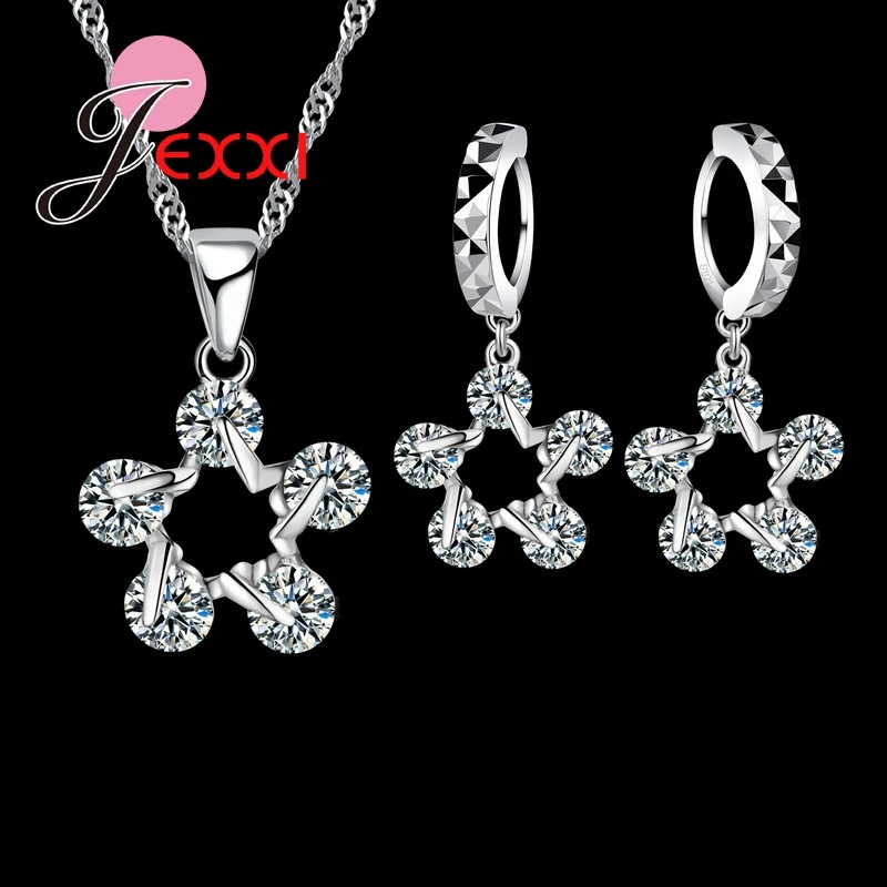 

New Arrival Fine Five-pointed Star Shape Crystal Earrings Pendant Necklace Jewelry Sets Wedding 925 Sterling Silver Jewelry