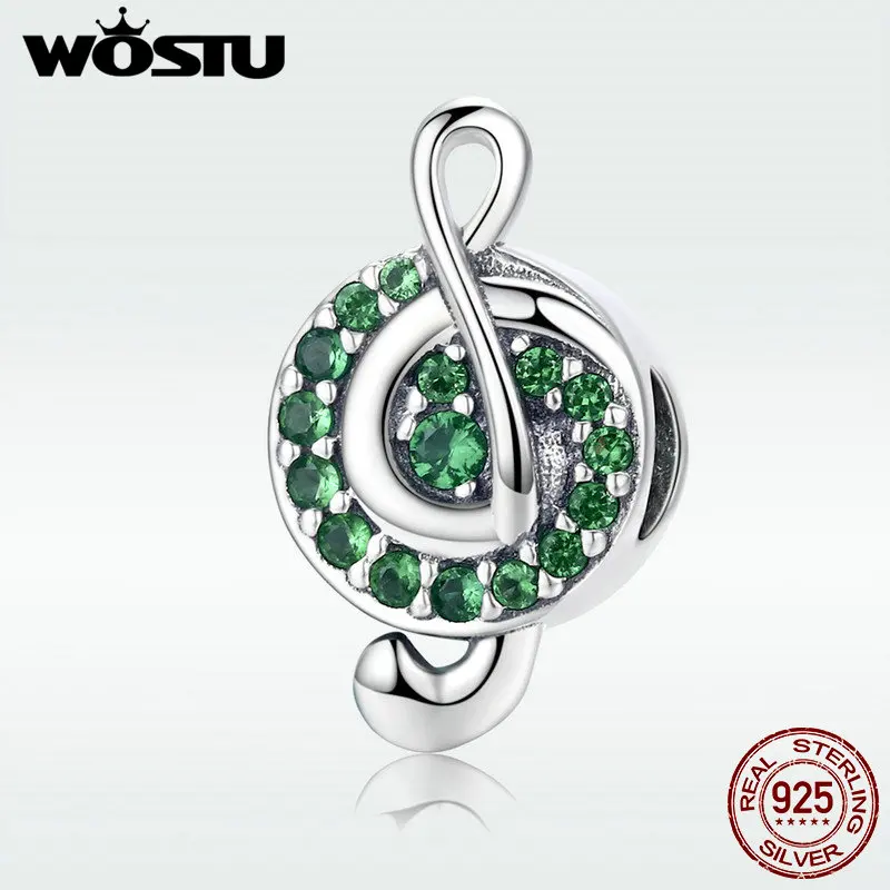 WOSTU Новая коллекция 925 стерлингового серебра I Love Music Note зеленый прозрачный CZ бисер