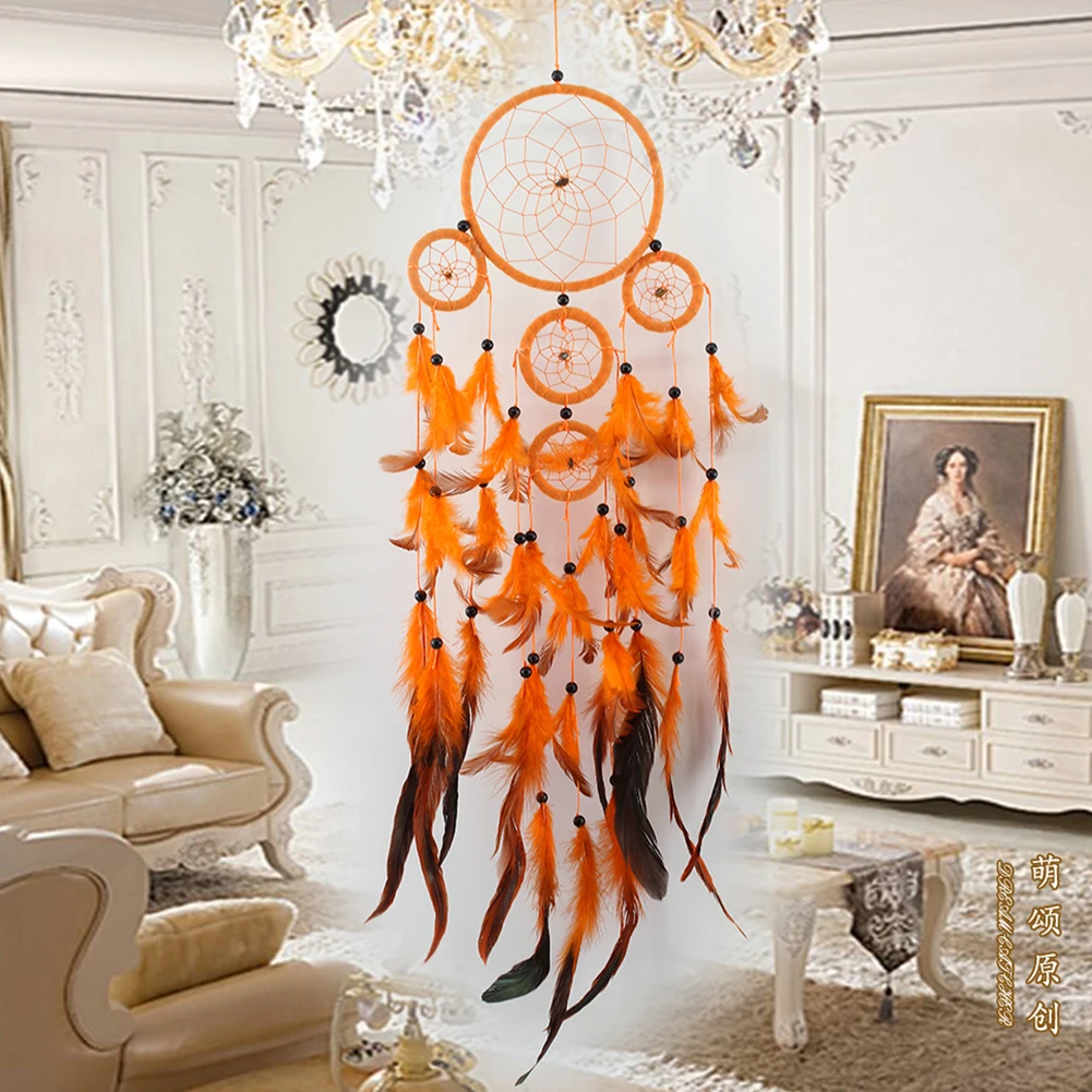 

Five-rings Orange Dream Catcher Handmade Dreamcatcher with Feather Wall Hanging Home Car Room Decoration Mascot Gifts