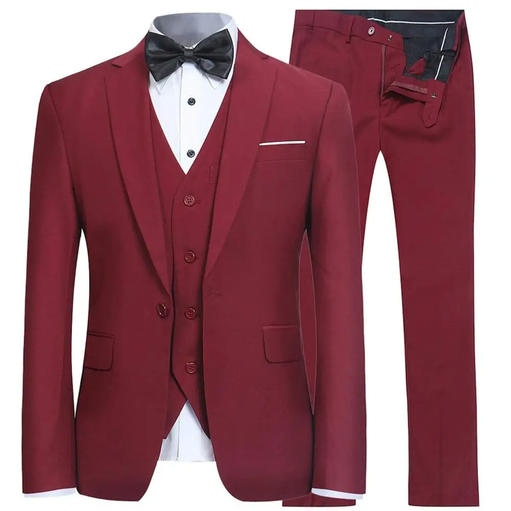 Мужские костюмы Slim Fit, 3 предмета, деловой мужской костюм, мужские костюмы, пиджак на одной пуговице, пиджак, жилет и брюки - Цвет: Бургундия