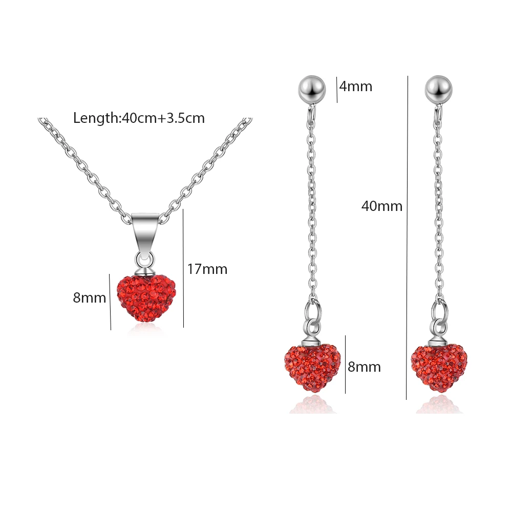 ANENJERY 925 Sterling Silver Jewelry Sets Full Crystal Red Heart Necklace+Earrings For Women Girl Gift - Окраска металла: S-N337S-E681