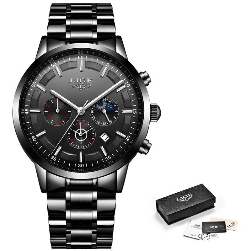 Reloj Hombre LIGE мужские часы Лидирующий бренд Роскошные модные кварцевые наручные часы мужские бизнес все стальные водонепроницаемые часы Montre Homme - Цвет: All black
