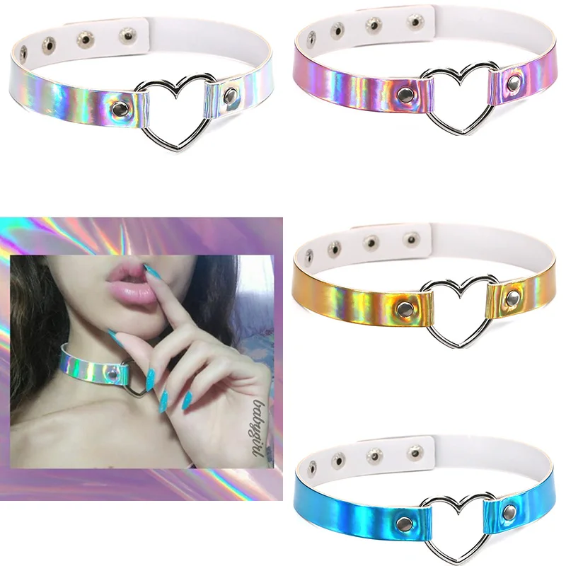 

PU Leather choker necklace gift for women Holographic Heart Metal and circle Adjustable Laser Collar Chocker fashion jewelry