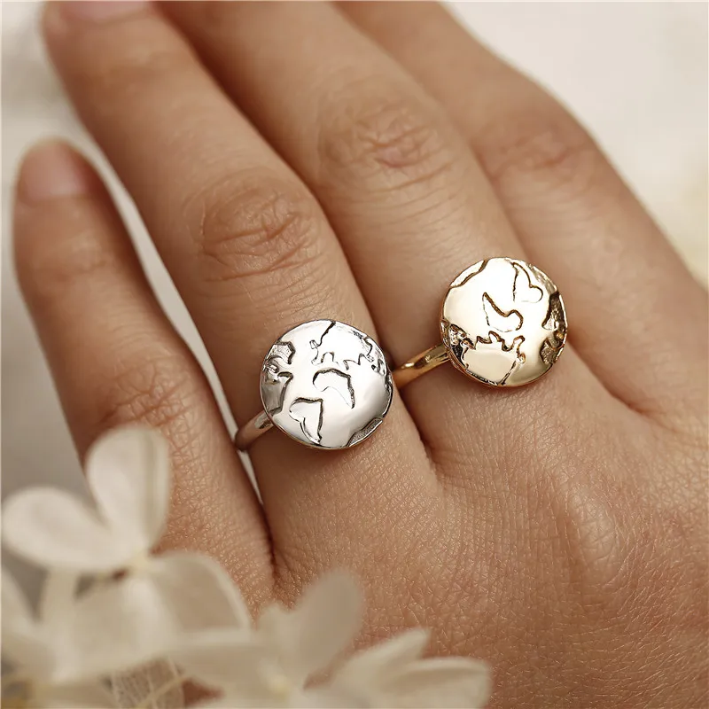 Boho золотое с гравировкой карта мира Земли регулируемое кольцо Bague винтажное для