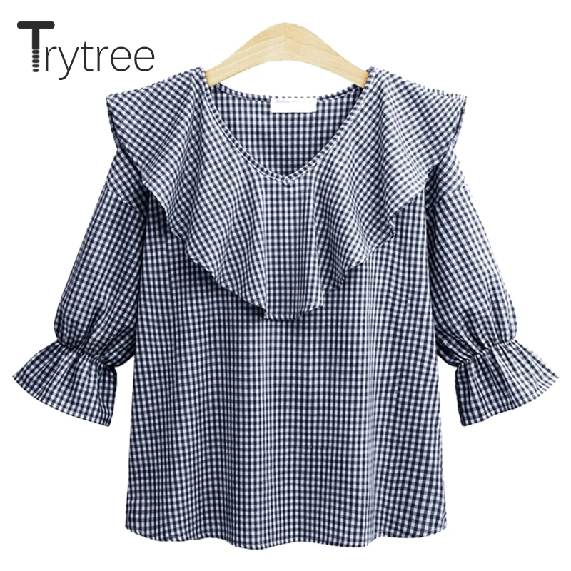 Женская клетчатая блузка Trytree черный топ с оборками Повседневная рубашка из