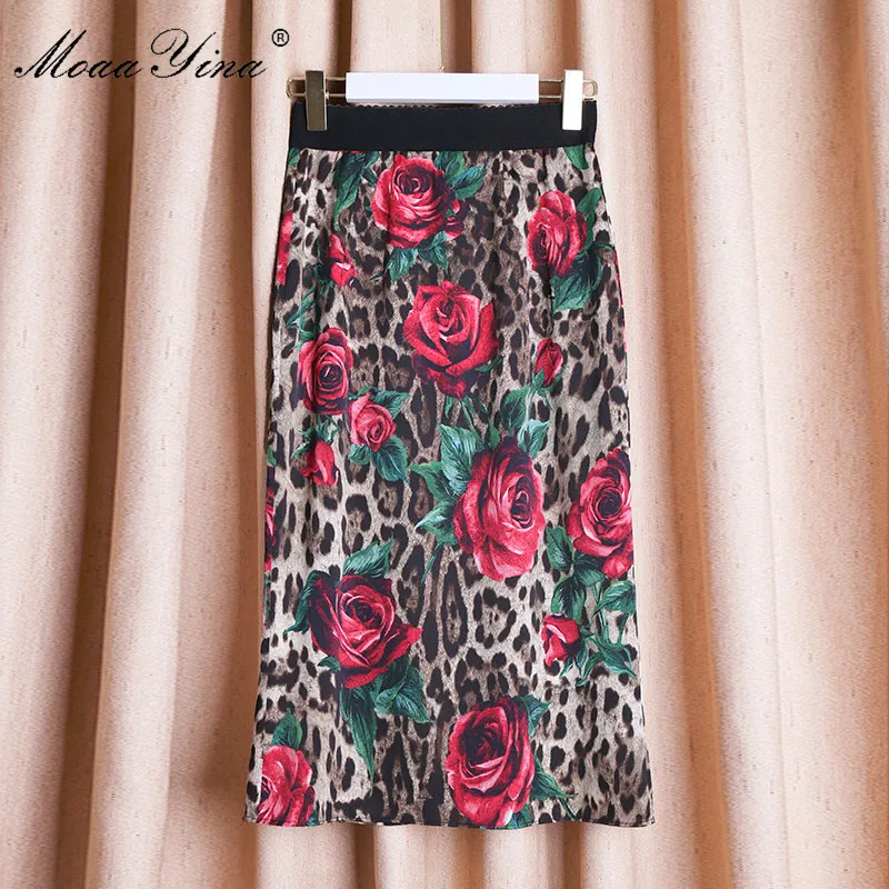MoaaYina Леопард Роуз Floral-Print пакет ягодицы пикантная элегантная юбка высокого качества хлопковая юбка