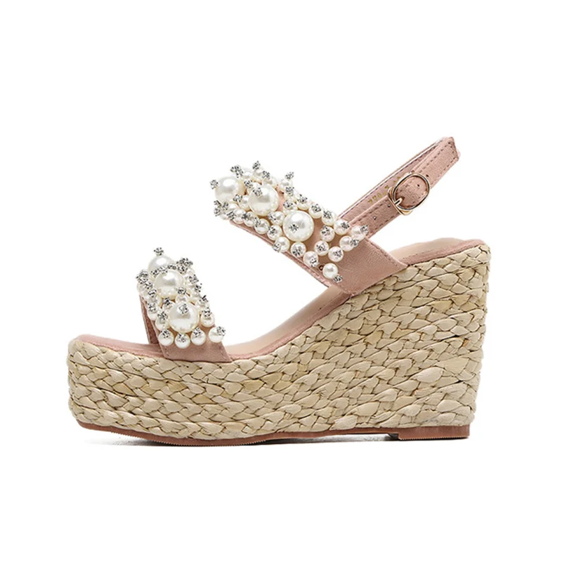 Сандалии женские на платформе 10 см босоножки с жемчугом обувь очень высокой