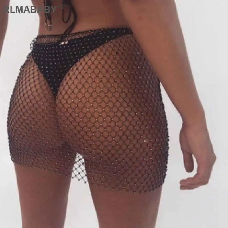 Black Skirt Rlmaaby сексуальный сетчатый Кристалл Стразы короткий топ и юбка Женский комплект Холтер открытая спина полый комплект из двух частей Алмазный пляжный летний комплект - Цвет: Black Skirt