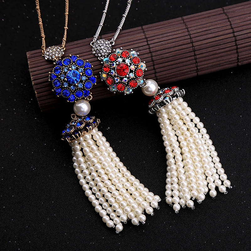 Женское Ожерелье с искусственным жемчугом и кристаллами красного синего цвета