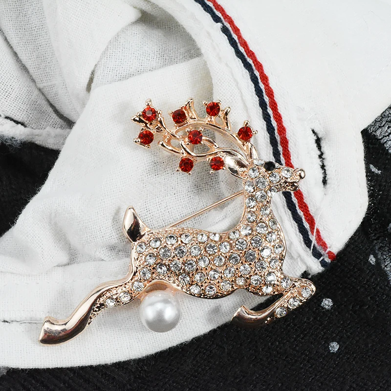 Red Crystal Christmas Deer Pins And Brooches For Women Metal Female Rhinestone Pearl Lapel Pin Suit Coats Scarf Jewelry Broche | Украшения