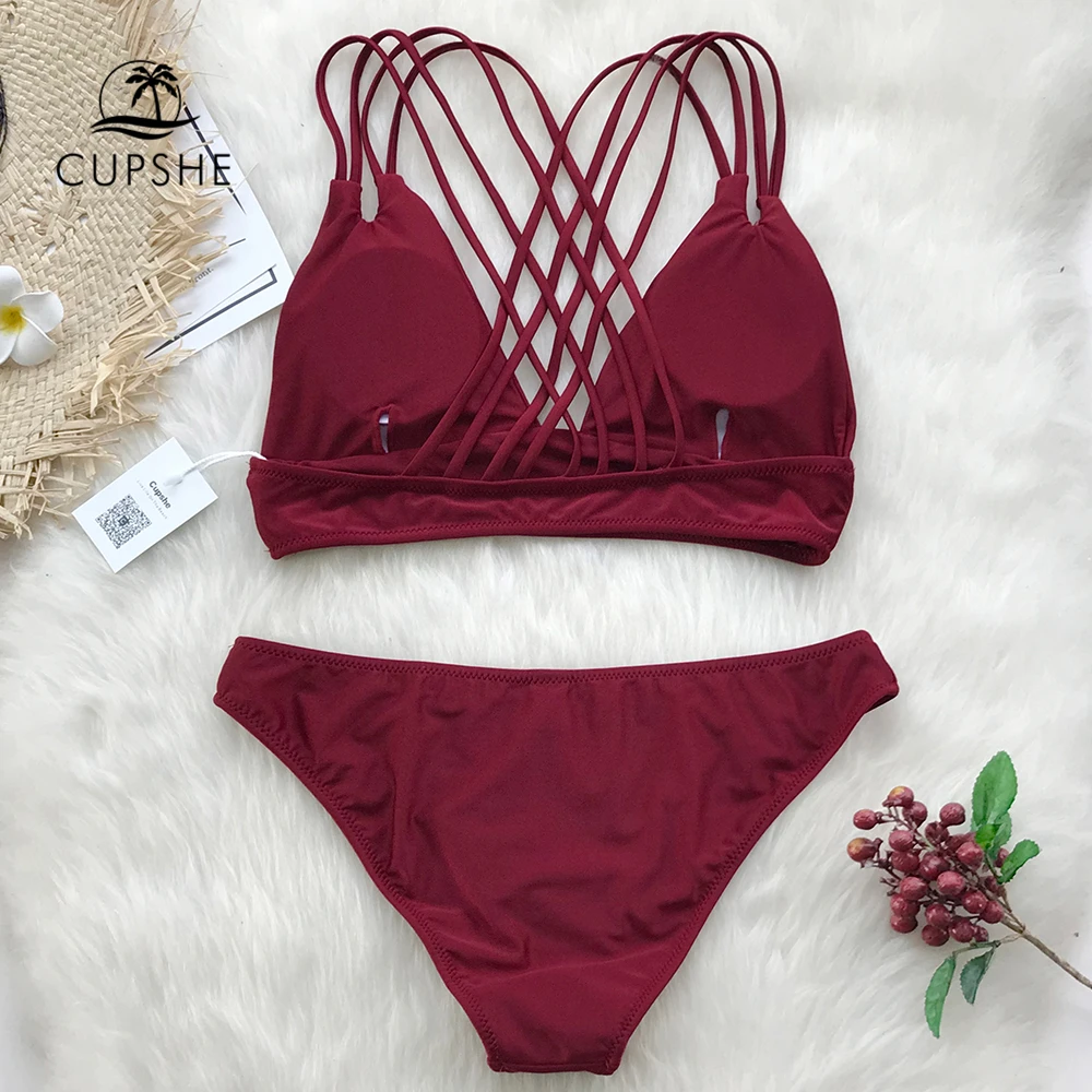 CUPSHE бордовый Strappy бикини наборы для ухода за кожей женщин крест накрест Твердые