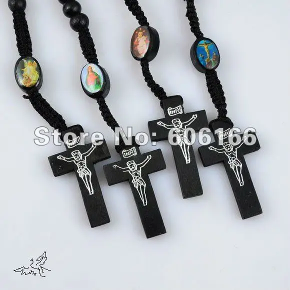 Оптовая продажа 48 шт./лот черные деревянные четки ожерелье подвеска с крестом