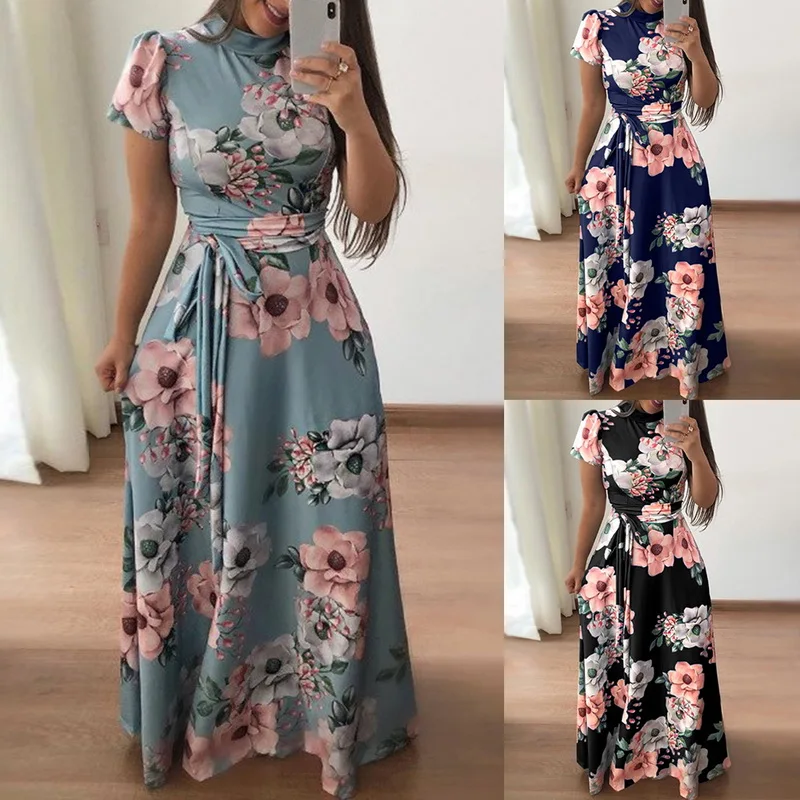 Сексуальное женское Макси длинное платье Boho вечернее пляжное платье Vestidos с высоким воротом летнее платье с цветочным принтом купальное платье