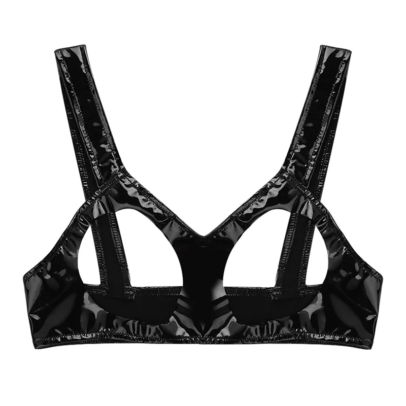 Women bikini top swimsuit Open Cups Bra Top V neck Sexy Lingerie Wetlook Faux Leather Sleeveless Exposing Breast Bikini Tops
