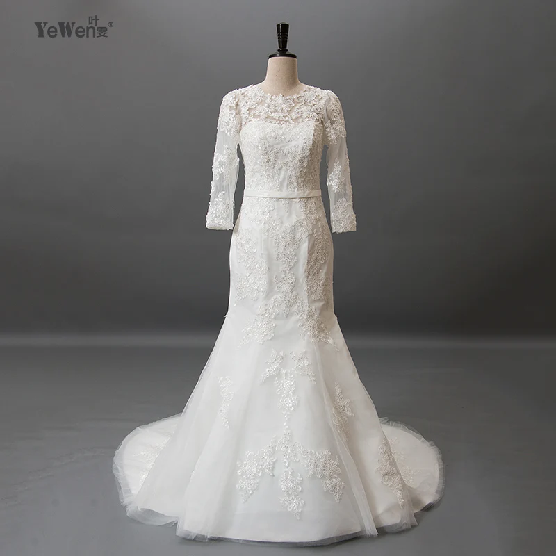 2016 vintage Китай Слоновая Кость Кружева И See Through Длинные рукава мусульманин Русалка