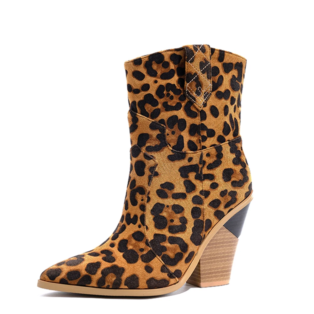 leopard no fur Брендовые модные ботинки до середины икры на высоком каблуке в винтажном стиле размера плюс 46; женская обувь; вечерние ковбойские ботинки; женская обувь - Цвет: leopard no fur
