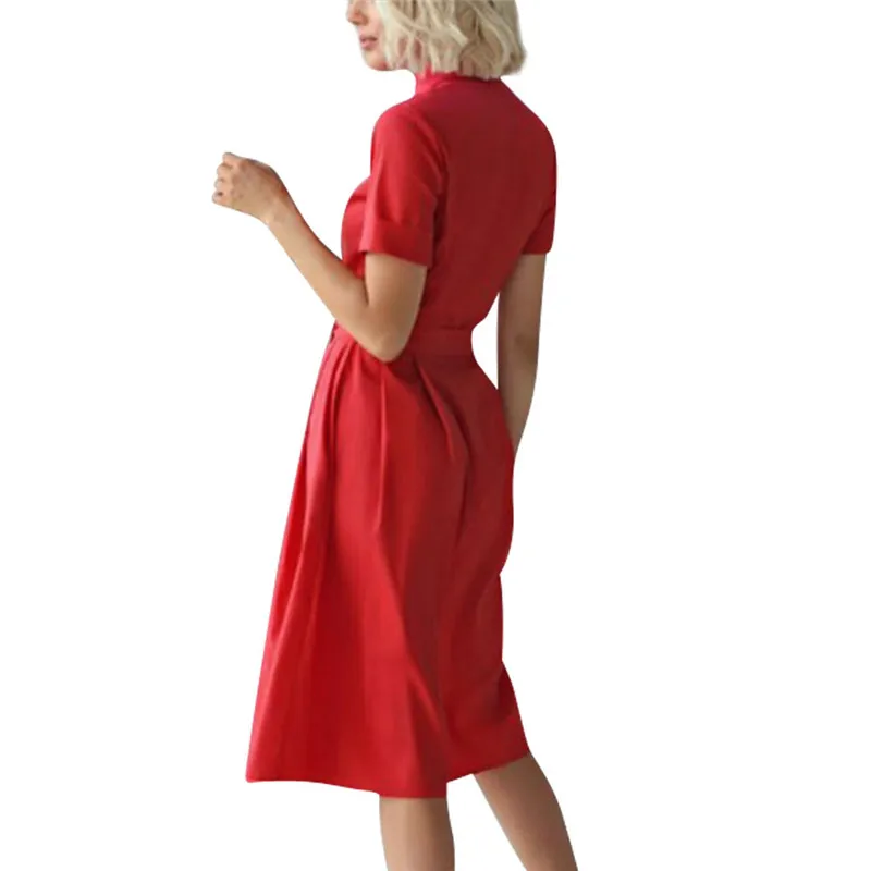

Summer Dress Button Pockets Turn Down Collar Short Sleeve Bandage Dress Office Ladies Slim Tunic Casual Dresses Elegant Vestidos