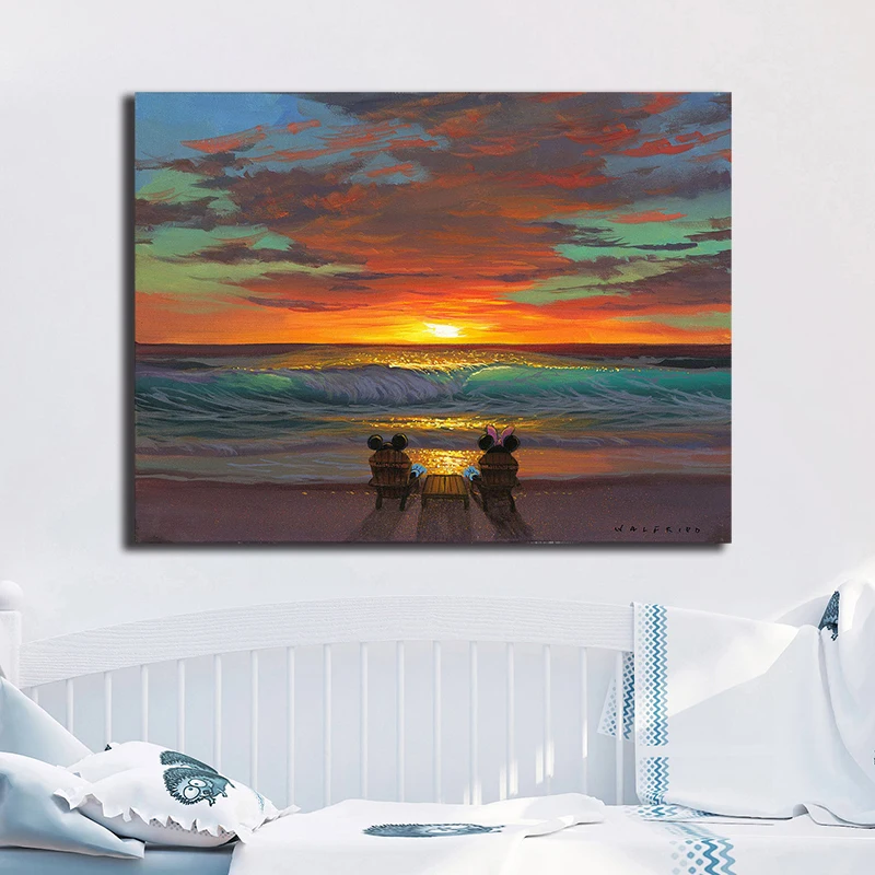 Sharing A Sunset Mickey and Minnie In Hawaii Cartoon Wall Art Poster Print Nordic Kids Decoration Picture Children Bedroom Decor | Дом и сад
