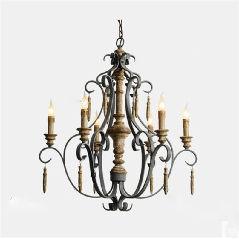 Винтажный деревянный подвесной светильник с 6 головками в скандинавском стиле