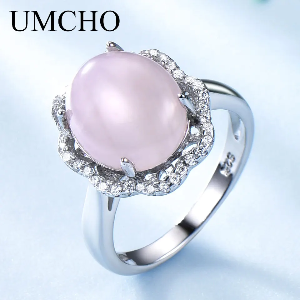 UMCHO Natural Rose Quartz Rings Solid Real 925 Sterling Silver Jewelry Pink Gemstone Rings For Women Wedding Gifts Fine Jewelry